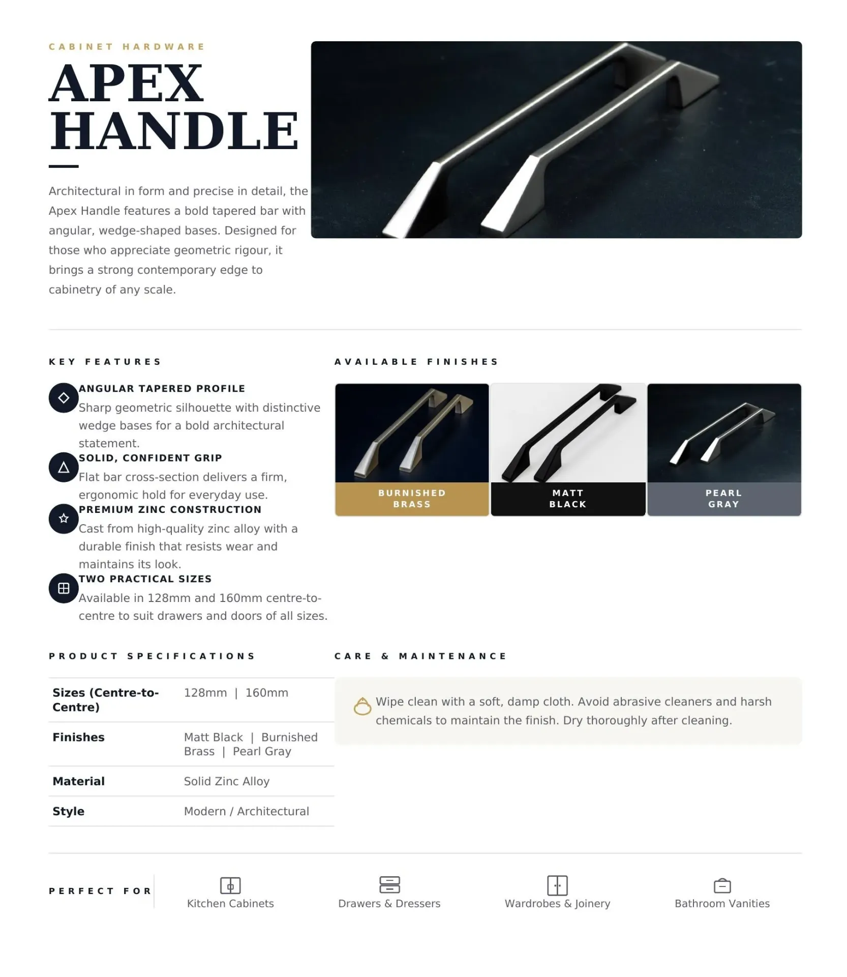 [CAB-APX-BB128] Apex Bar Pull (Brushed Brass, 128mm)