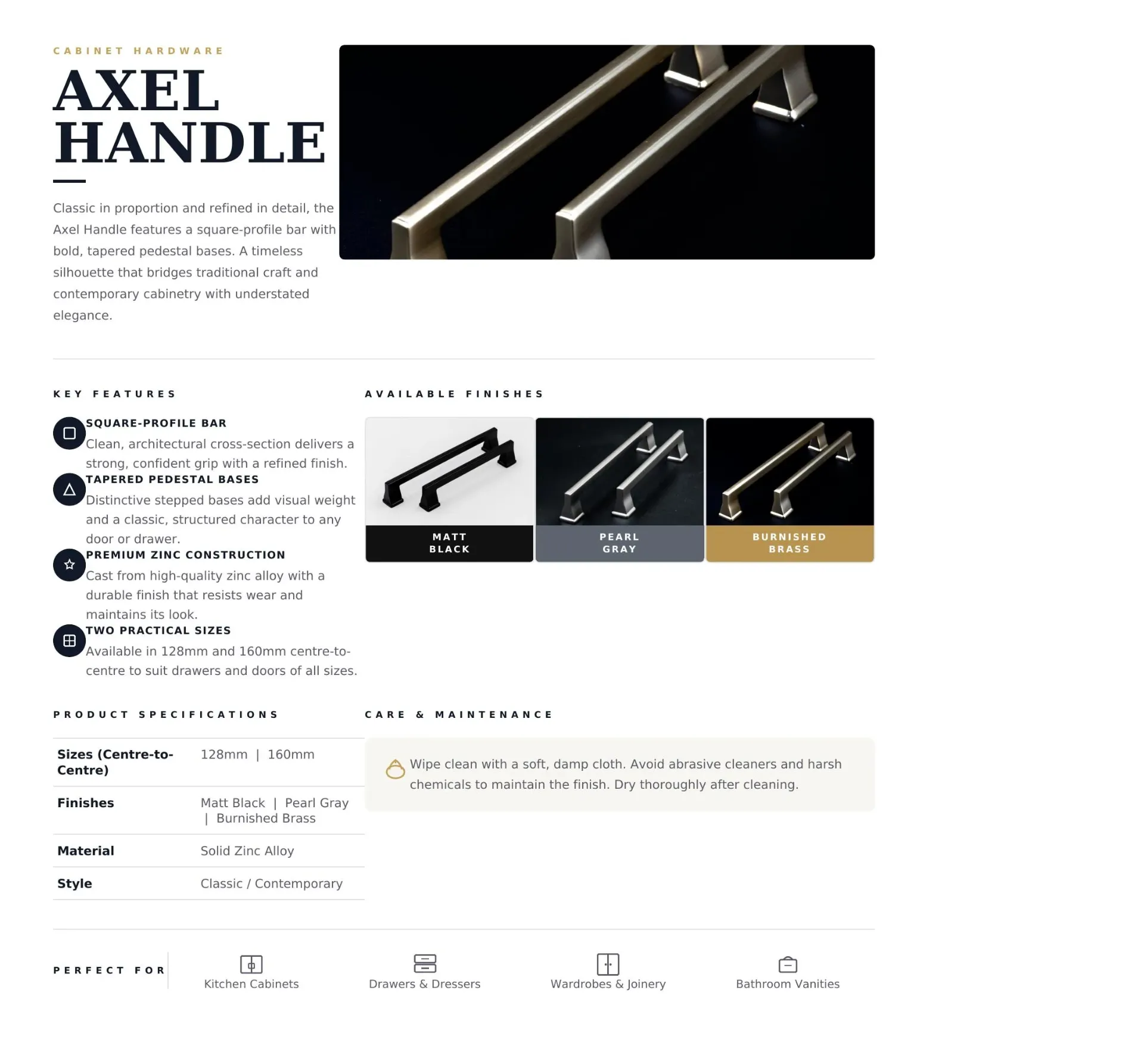 [CAB-AXL-BB128] Axel Bar Pull (Brushed Brass, 128mm)
